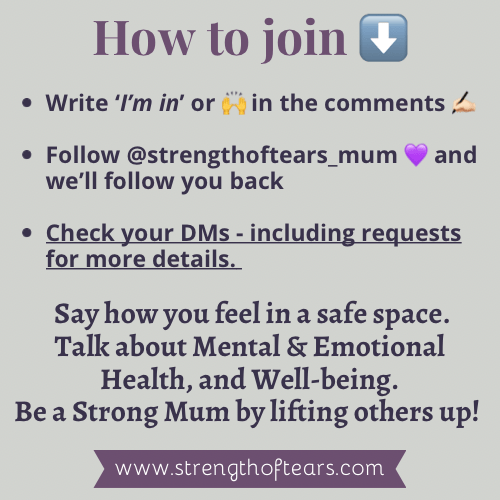 Image on how to join the Instagram Strong Mums  Social Support Group. Details of  how to join are on this image, click the link and write 'I'm In' on the post. Other instructions say to follow the site and check your DMs for details