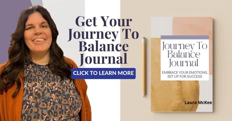 Laura, a white woman with long black hair is wearing a brown camouflage top and brown cardigan. To the left of her is a copy of the Journey To Balance Journal with a pink and gold large dot cover and a button that says click to buy here.
